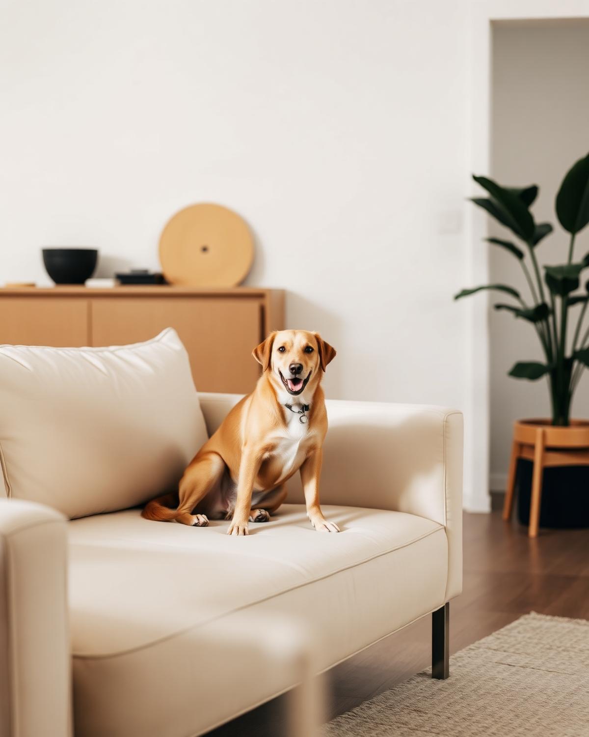 Dog sitting on a modern scandinavian sofa